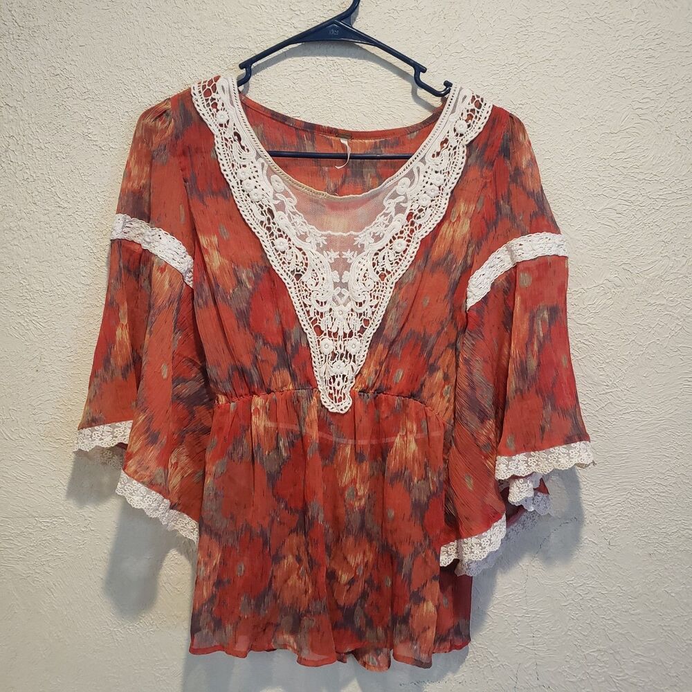 Free People Daydreamer Sheer Orange Boho white Lace Blouse Womens Medium - Picture 6 of 7